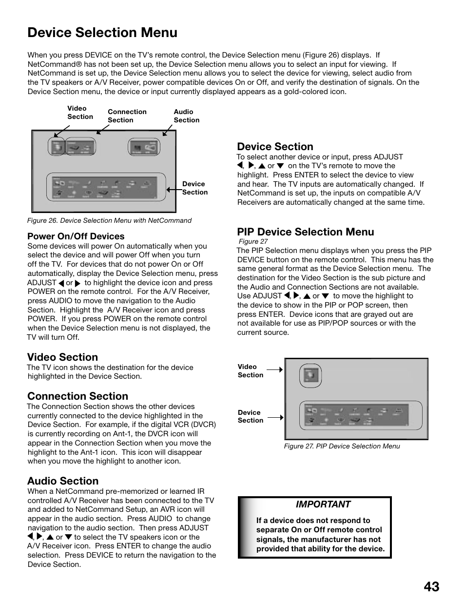 42 43 device selection menu, Pip device selection menu | MITSUBISHI ELECTRIC WS-55815 User Manual | Page 43 / 100