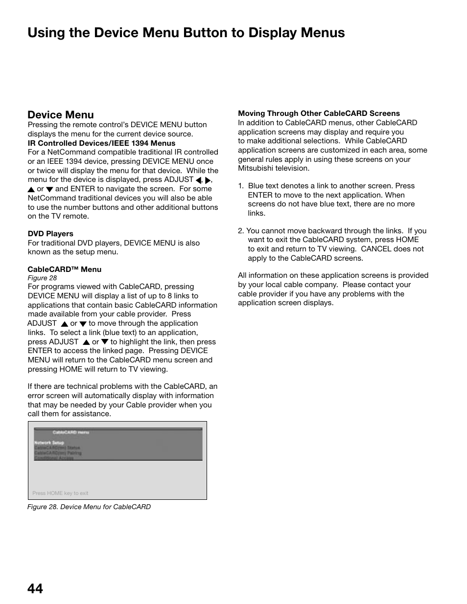 Chapter, Using the device menu button to display menus, Device menu | MITSUBISHI ELECTRIC WS-55815 User Manual | Page 44 / 100