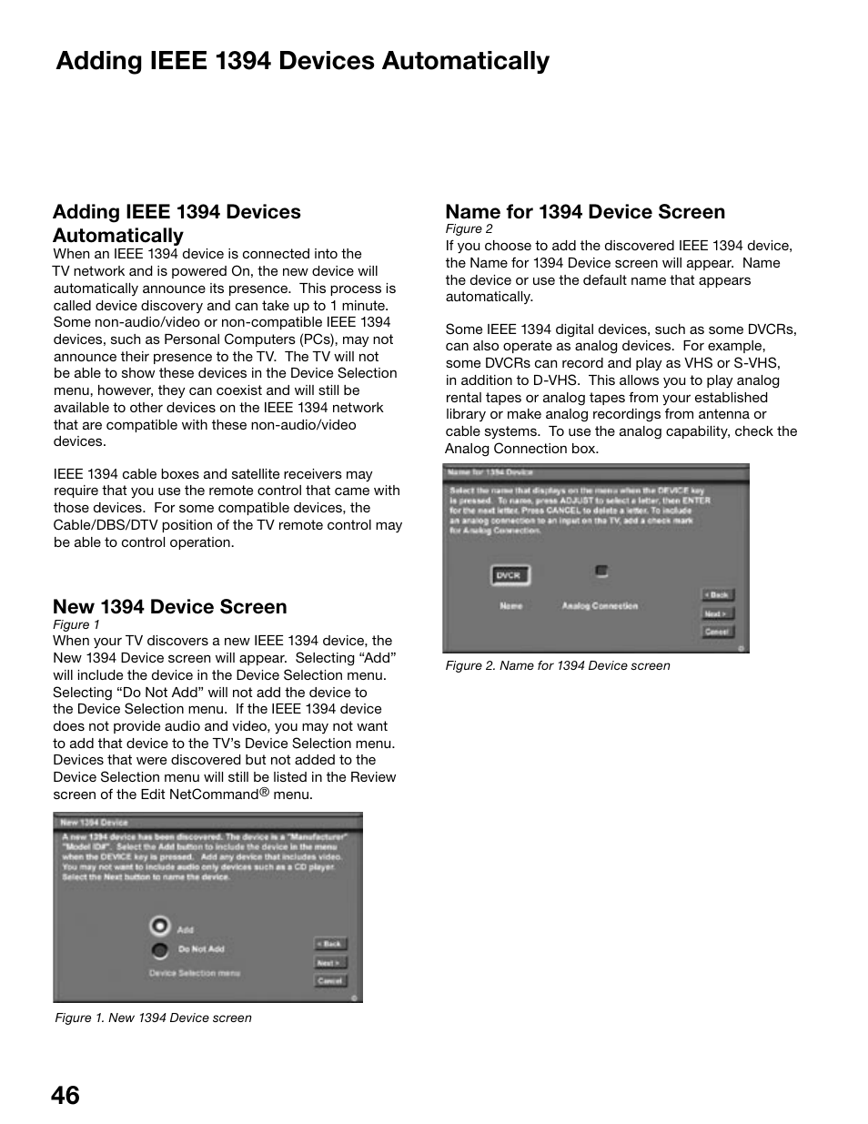 New 1394 device screen, Name for 1394 device screen, Adding ieee 1394 devices automatically | MITSUBISHI ELECTRIC WS-55815 User Manual | Page 46 / 100