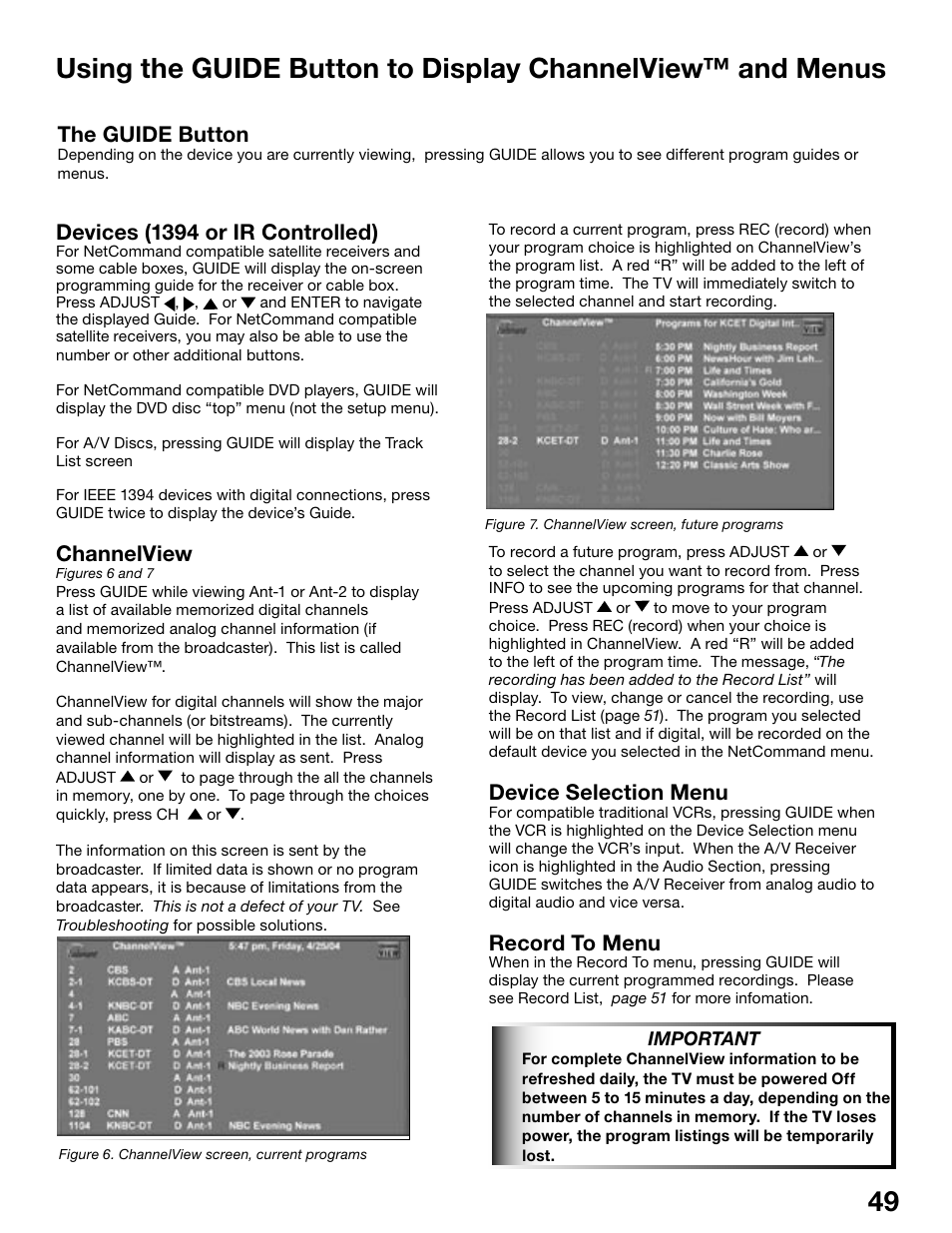 Device selection menu, Record to menu, Devices (1394 or ir controlled) | Channelview, The guide button | MITSUBISHI ELECTRIC WS-55815 User Manual | Page 49 / 100
