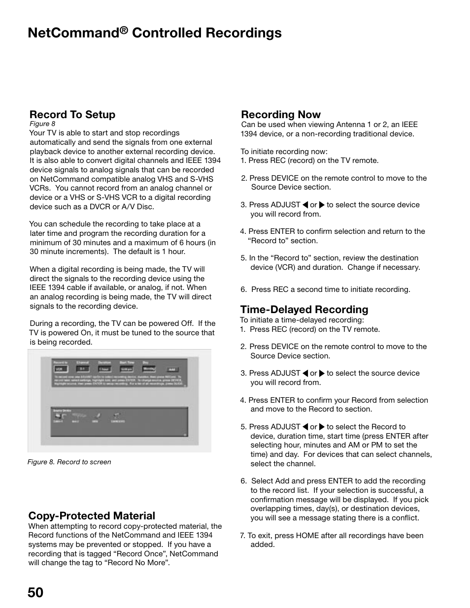 50 51 netcommand, Controlled recordings, Record to setup | Recording now, Time-delayed recording, Copy-protected material | MITSUBISHI ELECTRIC WS-55815 User Manual | Page 50 / 100