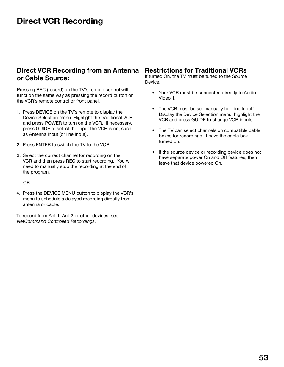 52 53 direct vcr recording, Restrictions for traditional vcrs | MITSUBISHI ELECTRIC WS-55815 User Manual | Page 53 / 100