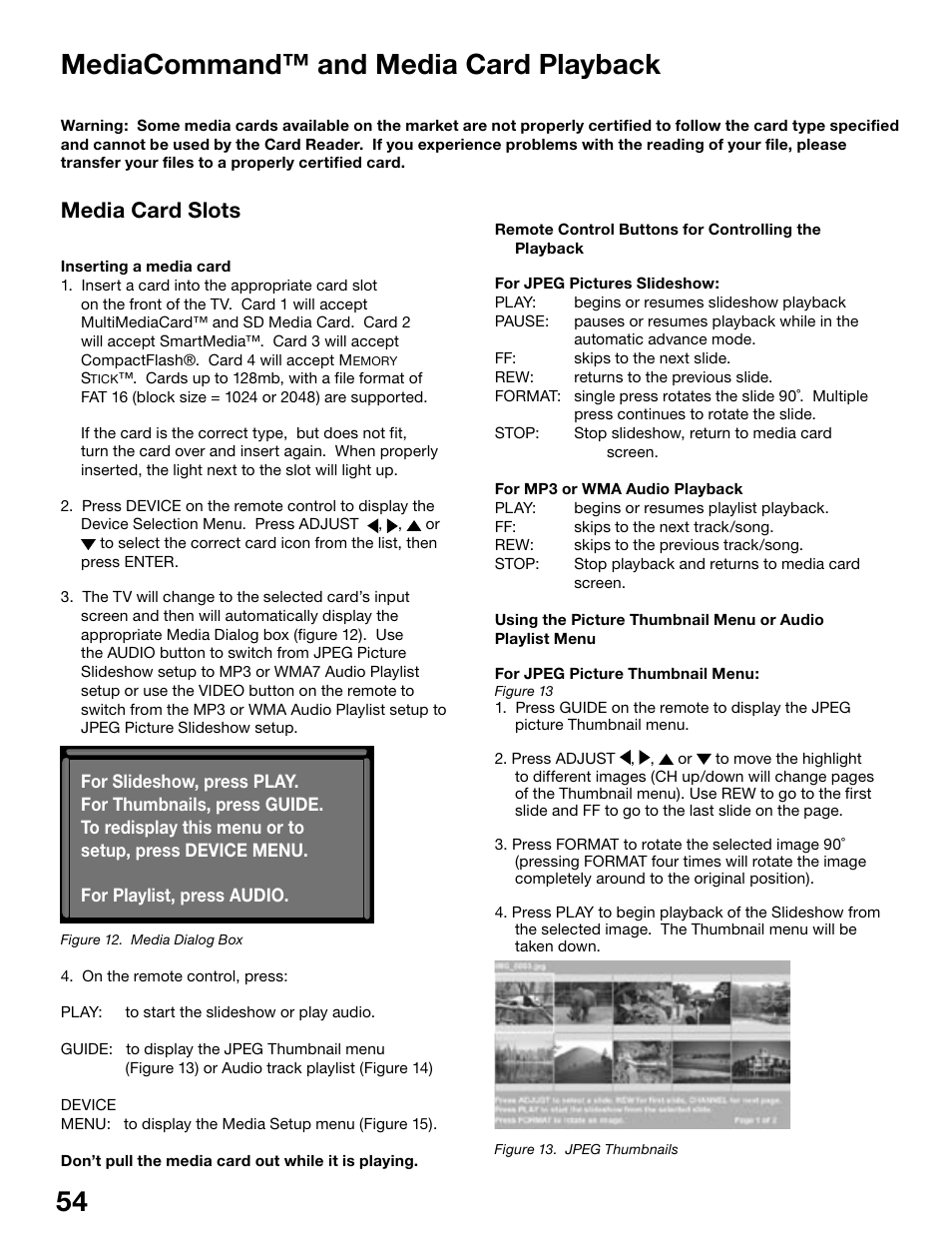 54 55 mediacommand™ and media card playback, Media card slots | MITSUBISHI ELECTRIC WS-55815 User Manual | Page 54 / 100