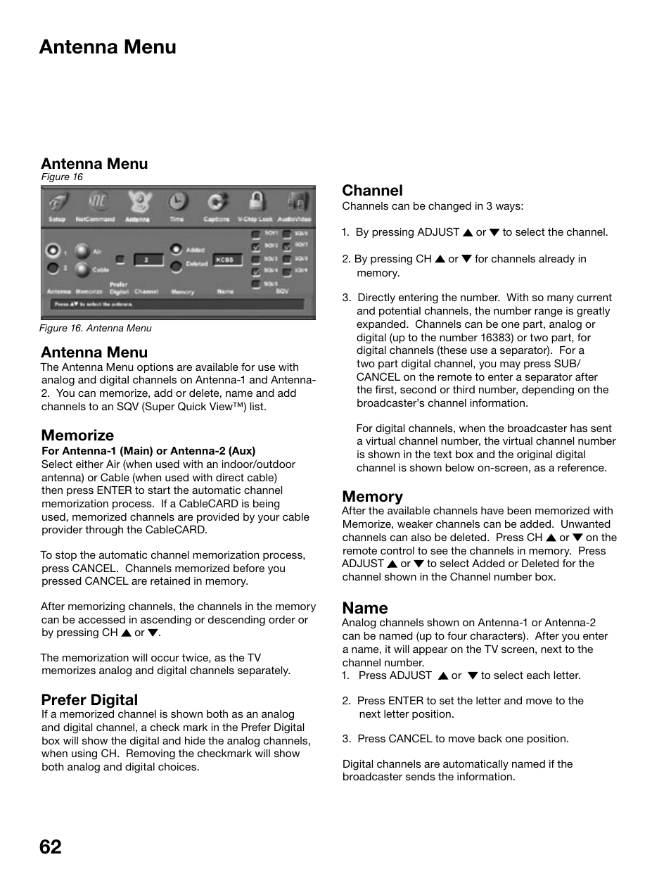 Name, Antenna menu, Prefer digital | Channel | MITSUBISHI ELECTRIC WS-55815 User Manual | Page 62 / 100