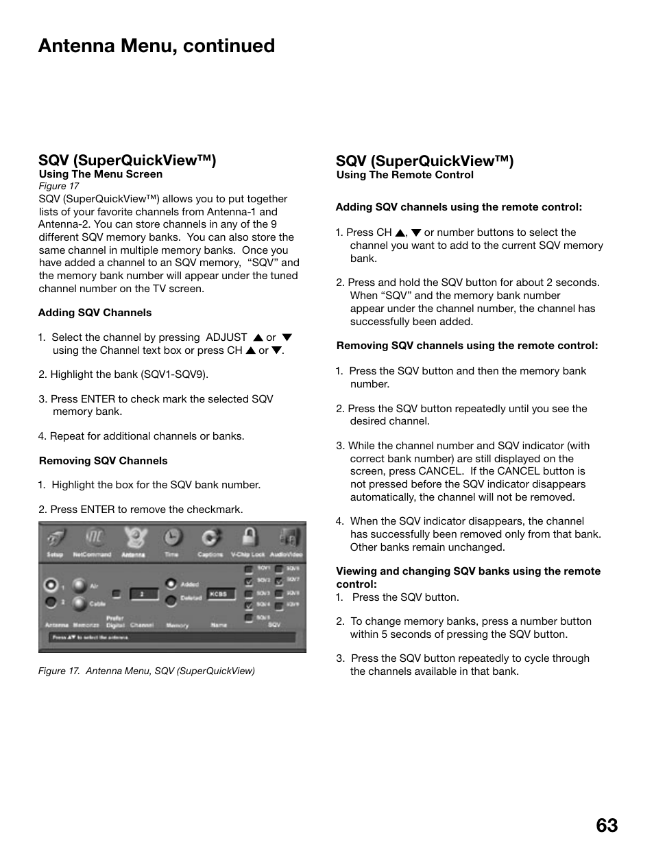 Antenna menu, continued, Sqv (superquickview™) | MITSUBISHI ELECTRIC WS-55815 User Manual | Page 63 / 100