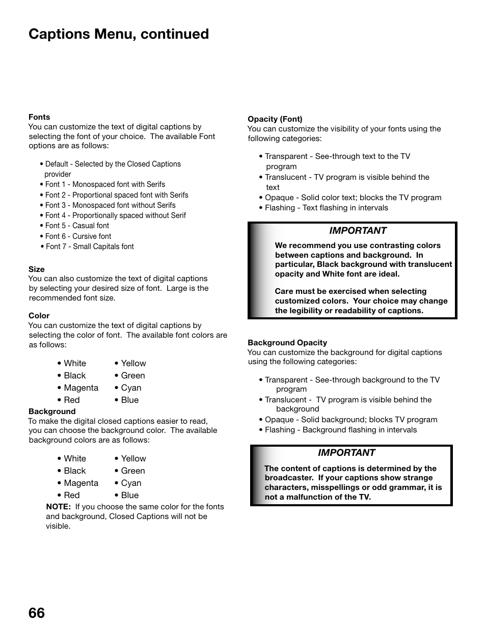 Captions menu, continued | MITSUBISHI ELECTRIC WS-55815 User Manual | Page 66 / 100