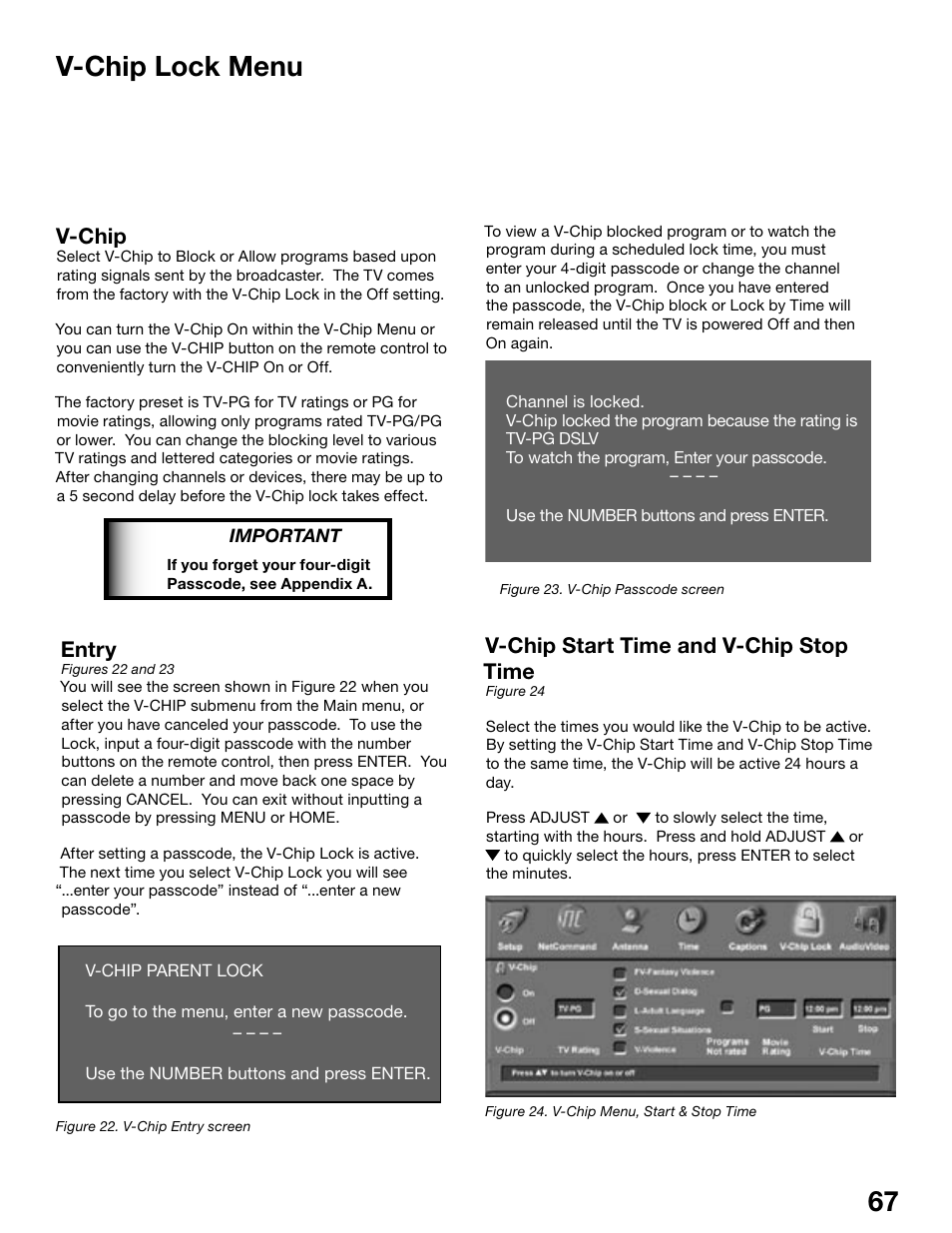 V-chip lock menu, V-chip, Entry | V-chip start time and v-chip stop time | MITSUBISHI ELECTRIC WS-55815 User Manual | Page 67 / 100