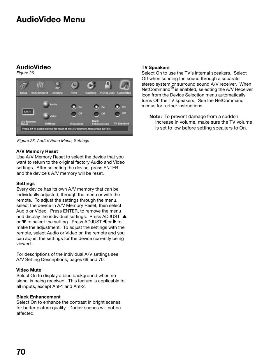 Audiovideo menu, Audiovideo | MITSUBISHI ELECTRIC WS-55815 User Manual | Page 70 / 100