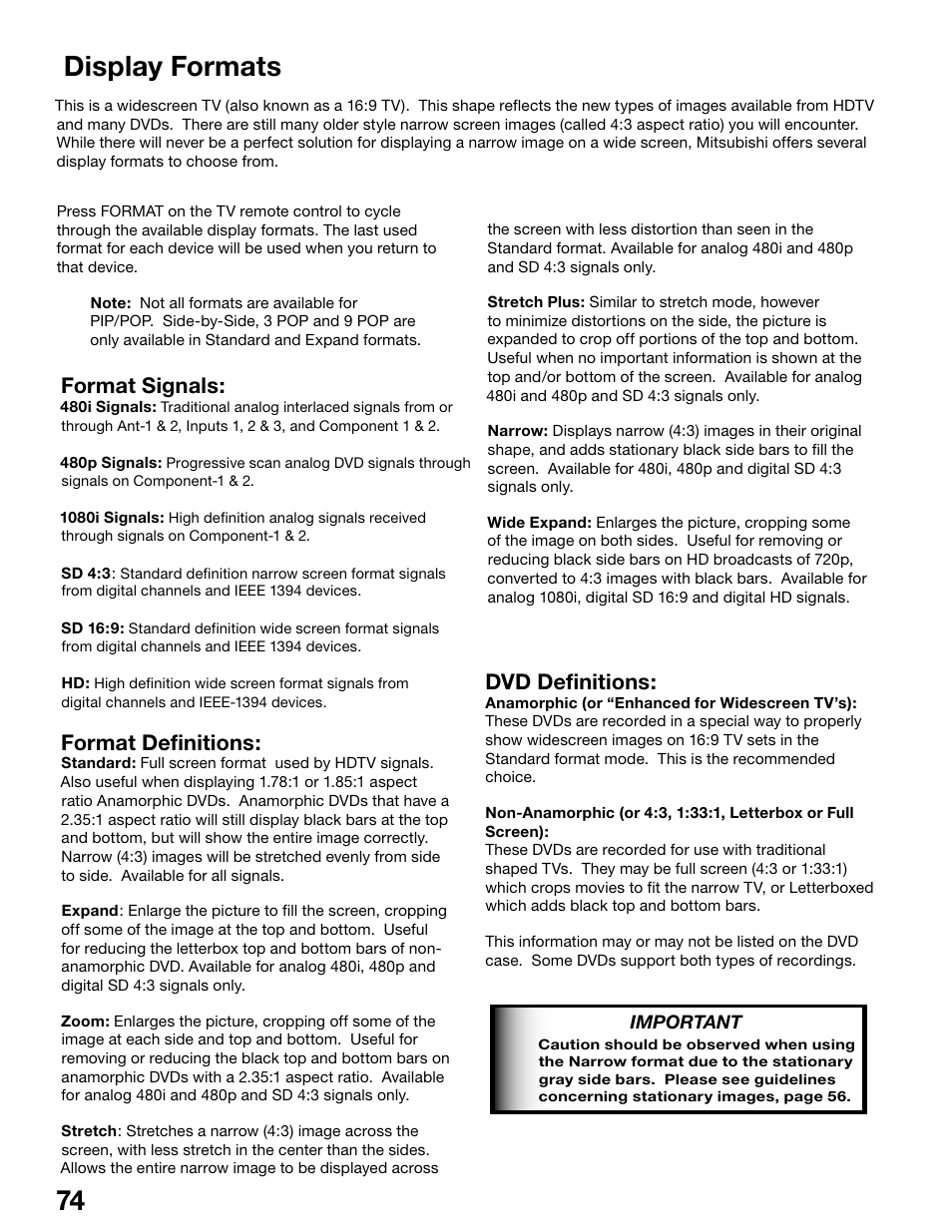 74 75 display formats, Format signals, Format definitions | Dvd definitions | MITSUBISHI ELECTRIC WS-55815 User Manual | Page 74 / 100