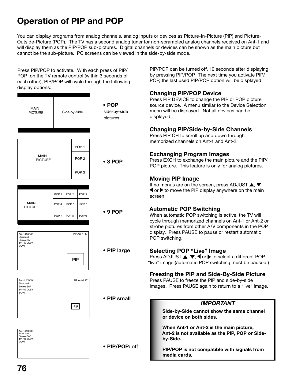 Operation of pip and pop, Changing pip/pop device, Changing pip/side-by-side channels | Exchanging program images, Moving pip image, Automatic pop switching, Selecting pop “live” image, Freezing the pip and side-by-side picture, Important | MITSUBISHI ELECTRIC WS-55815 User Manual | Page 76 / 100