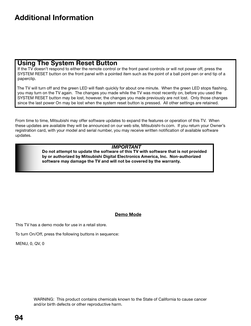 Additional information, Using the system reset button | MITSUBISHI ELECTRIC WS-55815 User Manual | Page 94 / 100