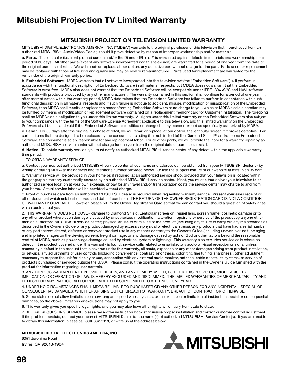Arranty 98, 98 99 mitsubishi projection tv limited warranty | MITSUBISHI ELECTRIC WS-55815 User Manual | Page 98 / 100