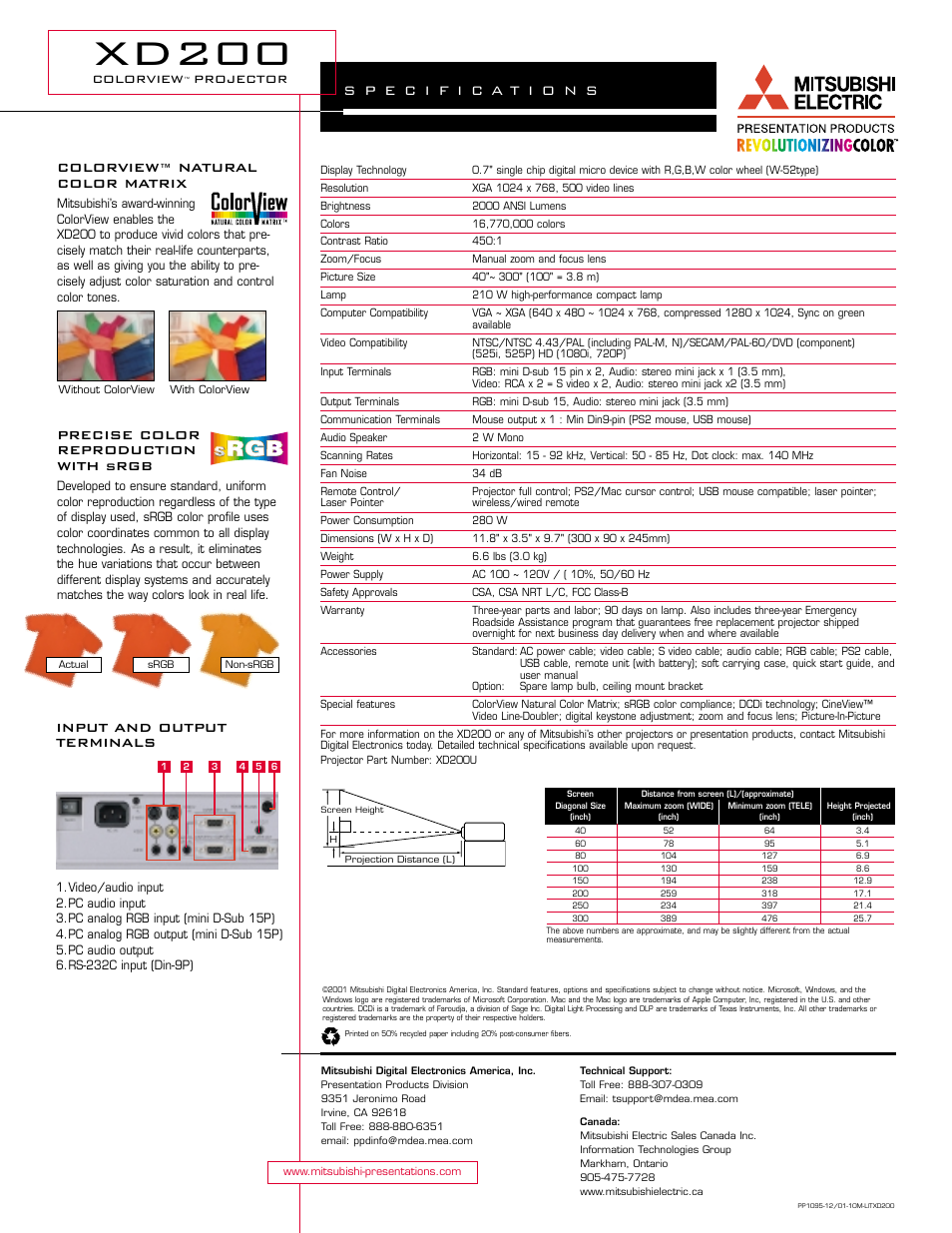 Xd200, Colorview, Projector | Precise color reproduction with srgb, Colorview™ natural color matrix, Input and output terminals | MITSUBISHI ELECTRIC XD200 User Manual | Page 2 / 2