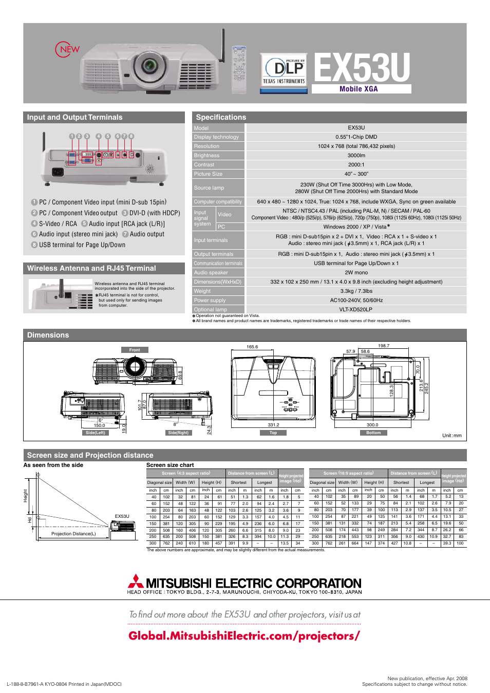 Ex53u, He ex53u other, Specifications | Dimensions, Mobile xga | MITSUBISHI ELECTRIC EX53U User Manual | Page 2 / 2