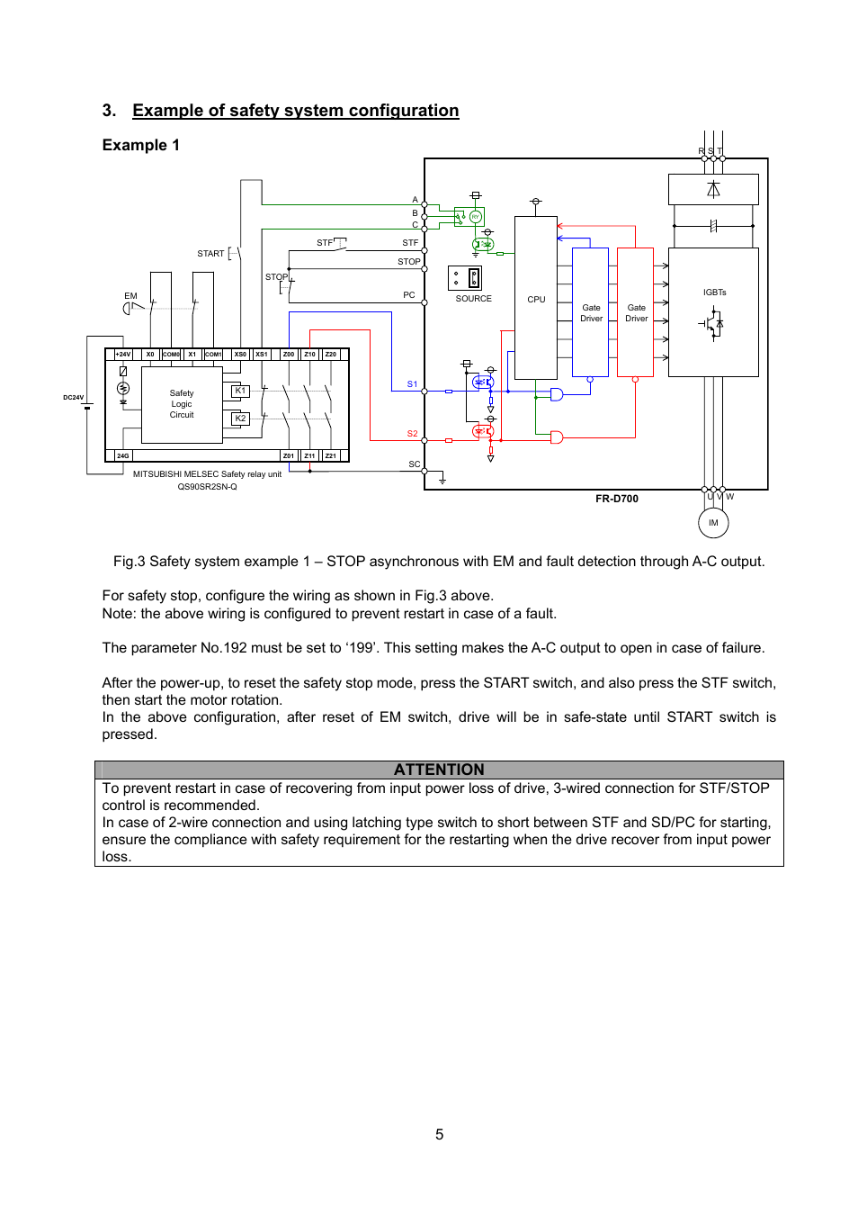 Example of safety system configuration, Example 1, Attention | MITSUBISHI ELECTRIC FR-D700 User Manual | Page 7 / 11