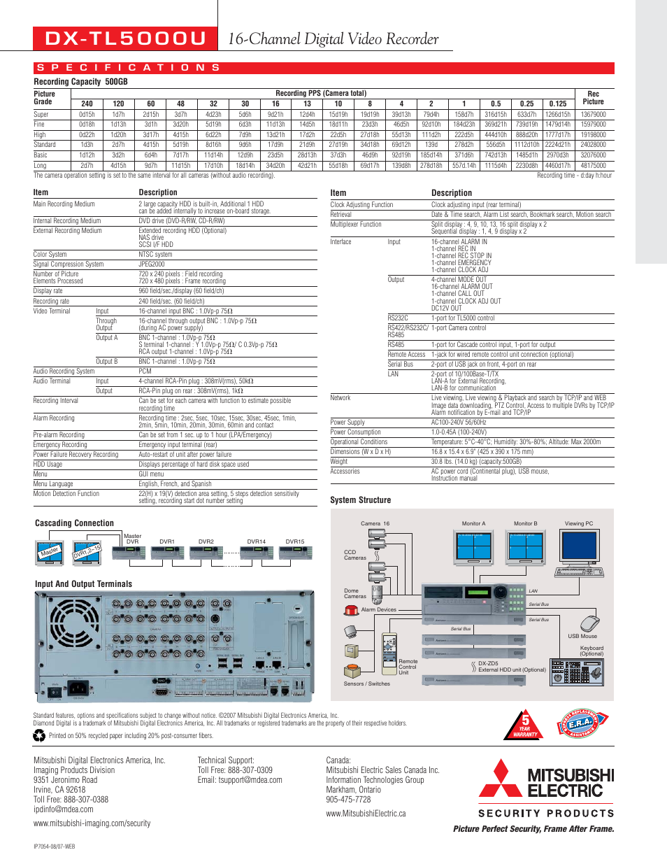 D x - t l 5 0 0 0 u, Channel digital video recorder | MITSUBISHI ELECTRIC DX-TL5000U User Manual | Page 2 / 2