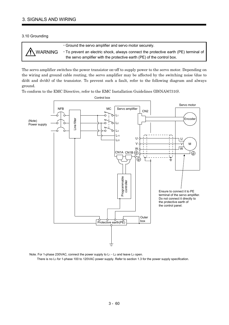 10 grounding, Signals and wiring, Warning | MITSUBISHI ELECTRIC MR-J2S- A User Manual | Page 107 / 402