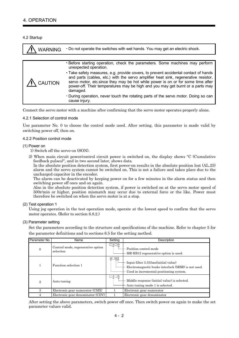 2 startup, 1 selection of control mode, 2 position control mode | Operation, Warning, Caution | MITSUBISHI ELECTRIC MR-J2S- A User Manual | Page 119 / 402