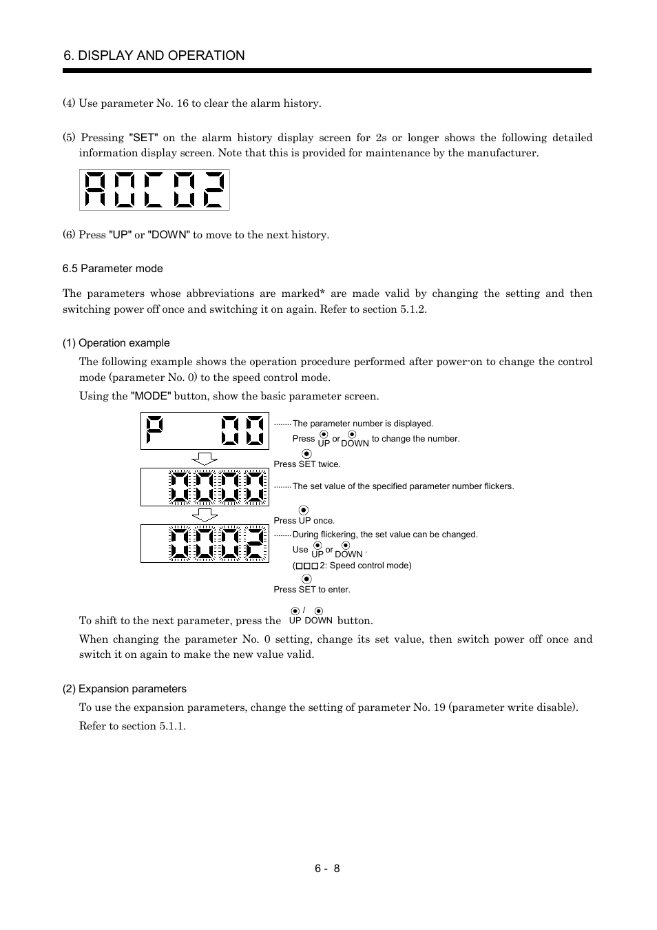 5 parameter mode, Display and operation | MITSUBISHI ELECTRIC MR-J2S- A User Manual | Page 165 / 402