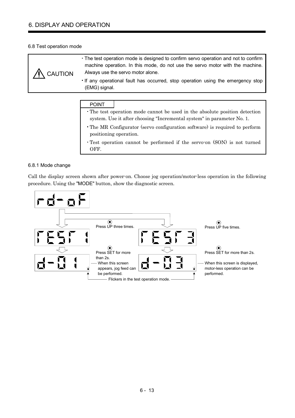 8 test operation mode, 1 mode change, Display and operation | Caution | MITSUBISHI ELECTRIC MR-J2S- A User Manual | Page 170 / 402