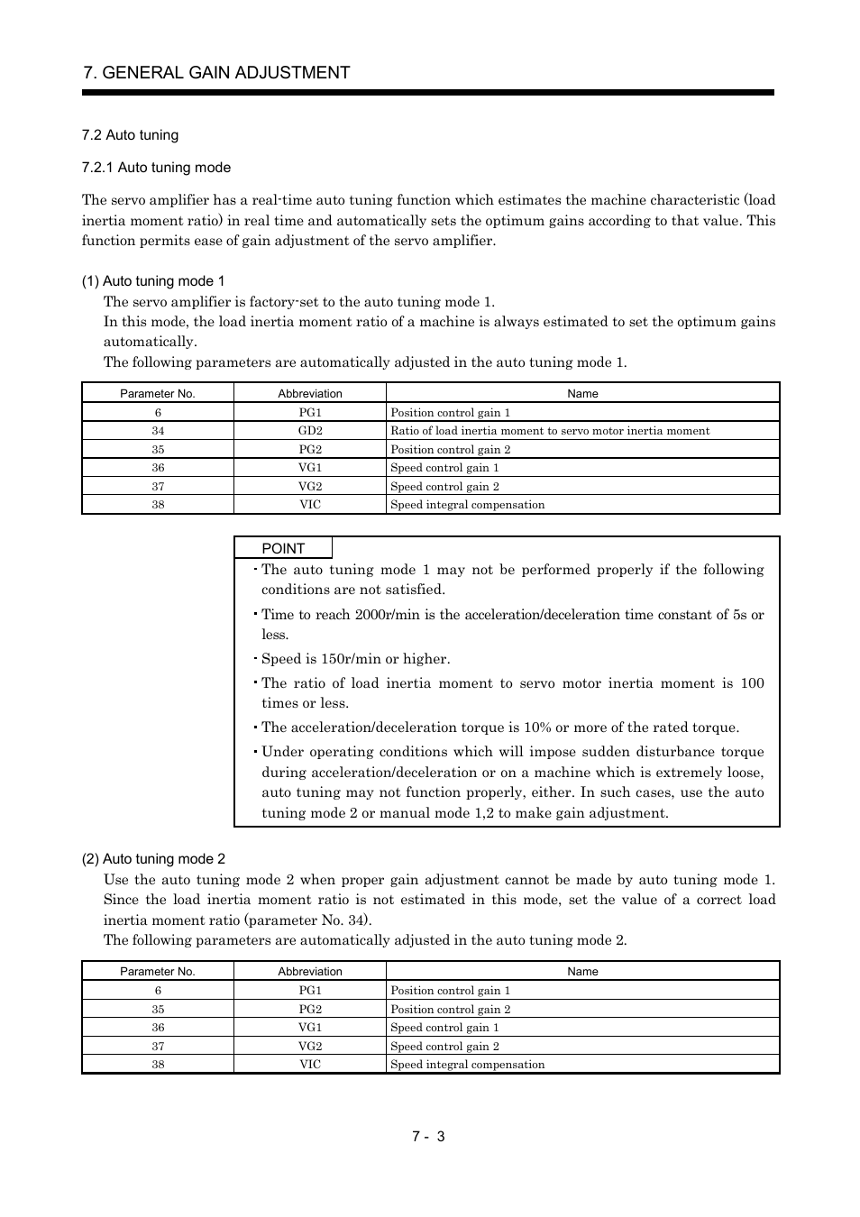2 auto tuning, 1 auto tuning mode, General gain adjustment | MITSUBISHI ELECTRIC MR-J2S- A User Manual | Page 176 / 402