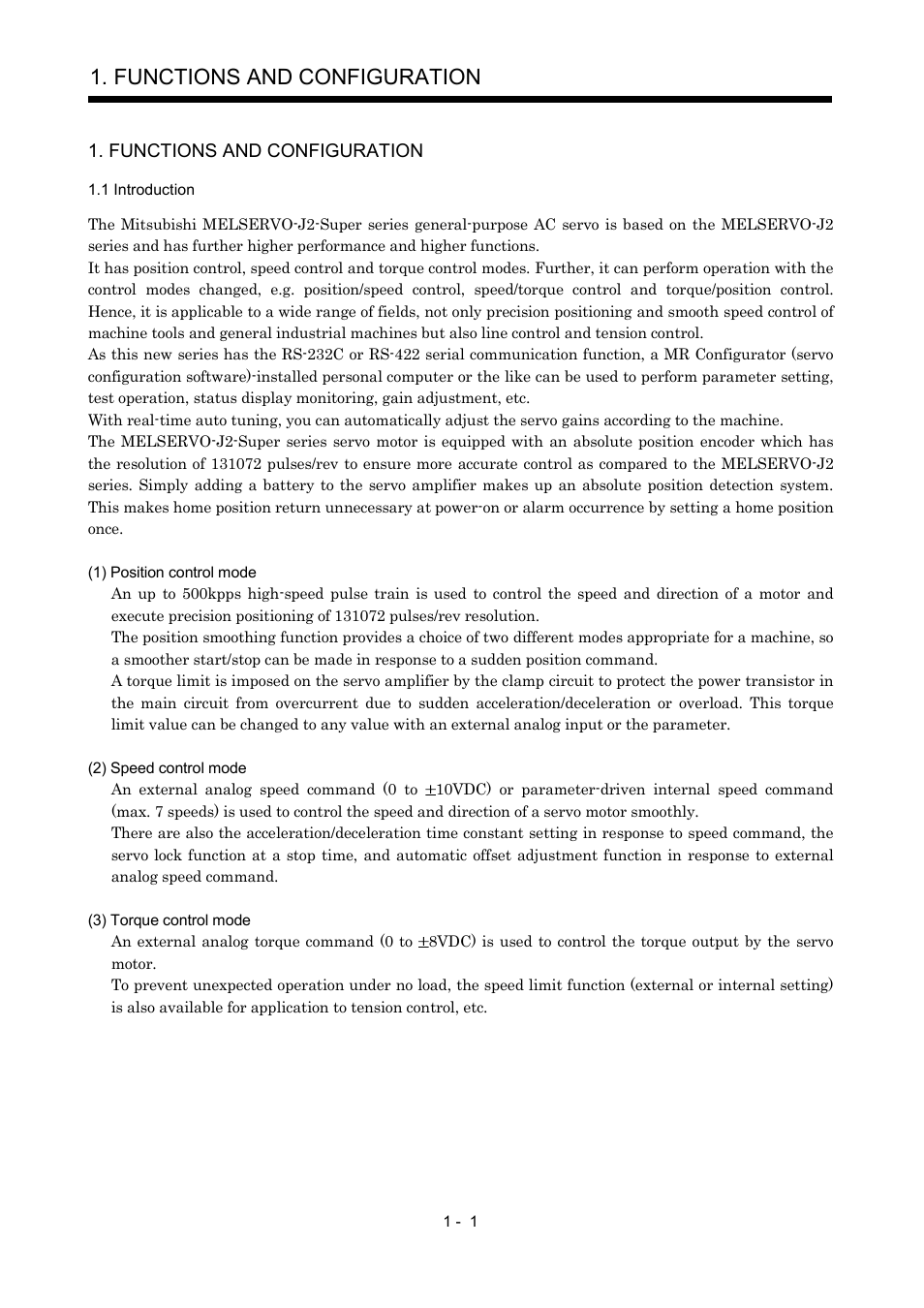 Functions and configuration, 1 introduction | MITSUBISHI ELECTRIC MR-J2S- A User Manual | Page 20 / 402