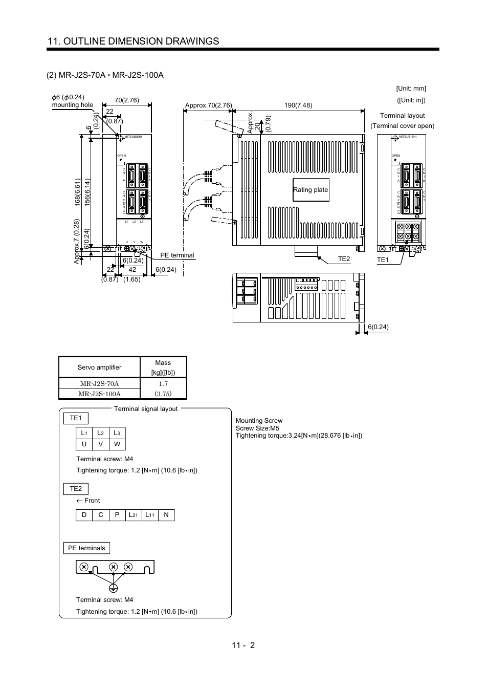 Outline dimension drawings | MITSUBISHI ELECTRIC MR-J2S- A User Manual | Page 213 / 402