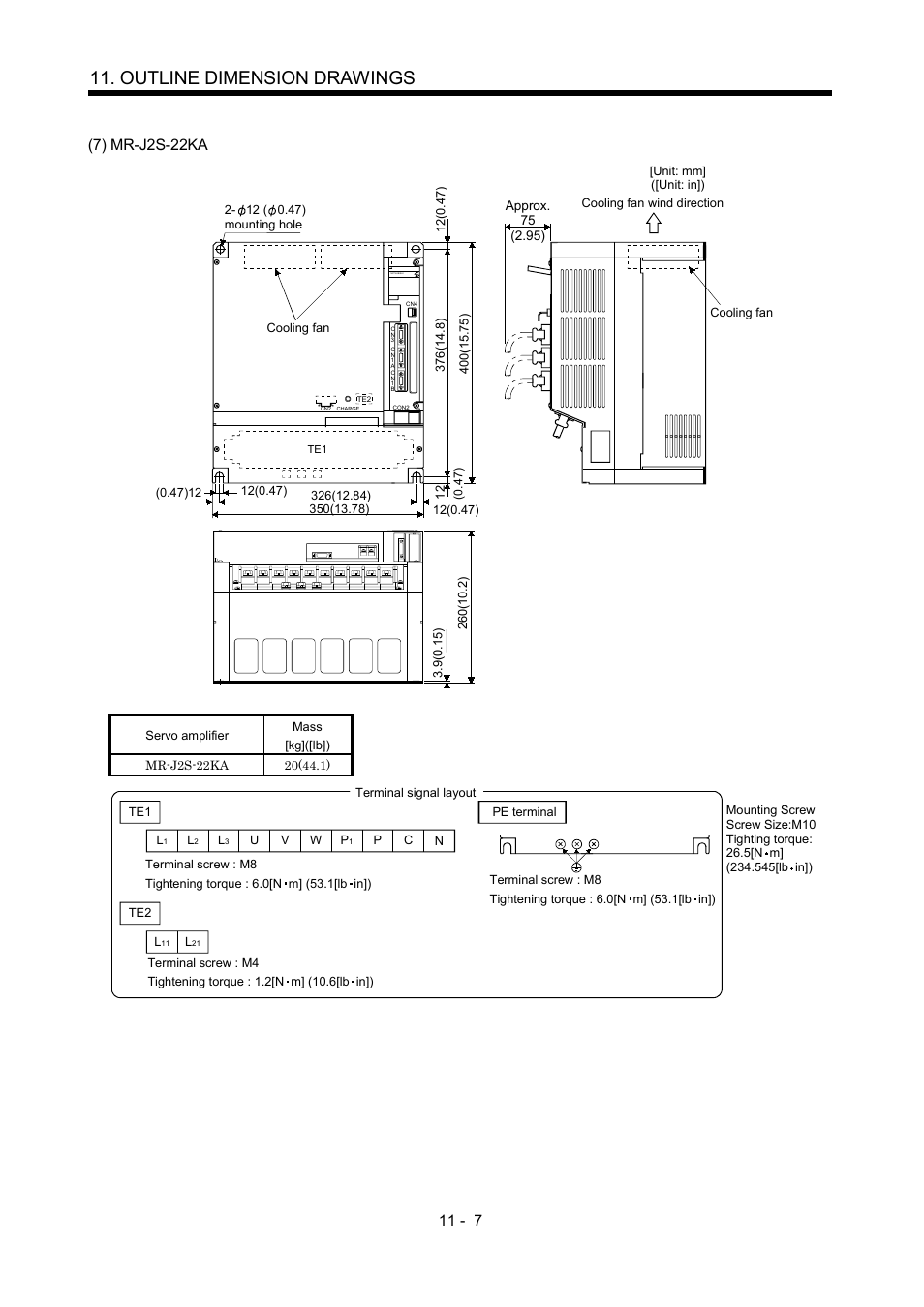 Outline dimension drawings, 7) mr-j2s-22ka | MITSUBISHI ELECTRIC MR-J2S- A User Manual | Page 218 / 402