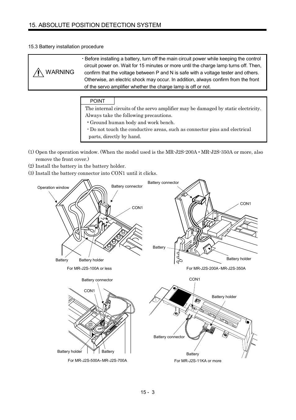 3 battery installation procedure, Absolute position detection system, Warning | MITSUBISHI ELECTRIC MR-J2S- A User Manual | Page 324 / 402