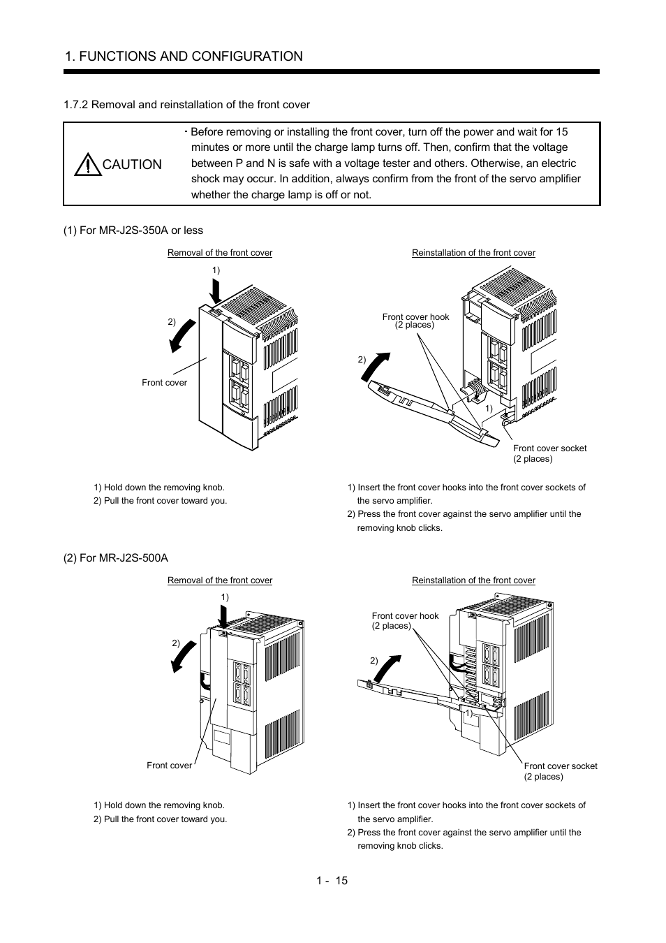 2 removal and reinstallation of the front cover, Functions and configuration, Caution | MITSUBISHI ELECTRIC MR-J2S- A User Manual | Page 34 / 402