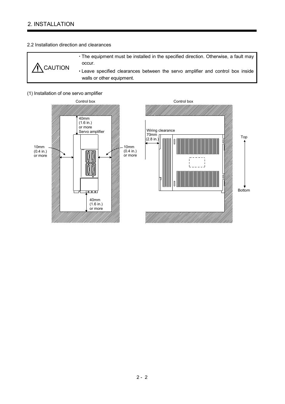 2 installation direction and clearances, Installation, Caution | MITSUBISHI ELECTRIC MR-J2S- A User Manual | Page 45 / 402