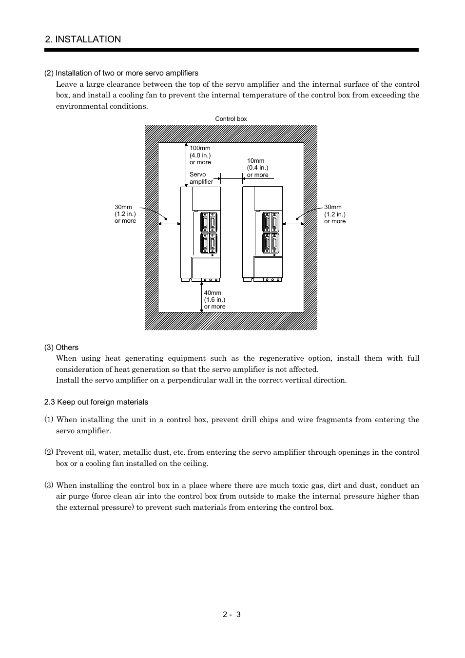 3 keep out foreign materials, Installation | MITSUBISHI ELECTRIC MR-J2S- A User Manual | Page 46 / 402