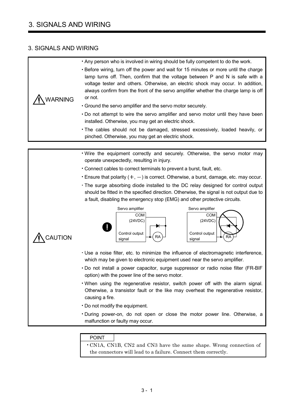 Signals and wiring, Signals and wiring warning, Caution | MITSUBISHI ELECTRIC MR-J2S- A User Manual | Page 48 / 402