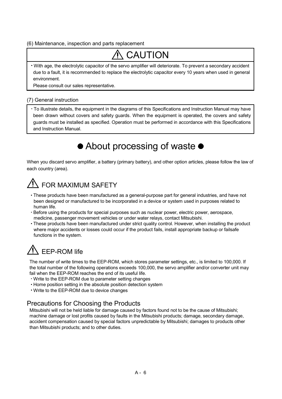 About processing of waste, Caution, For maximum safety | Eep-rom life, Precautions for choosing the products | MITSUBISHI ELECTRIC MR-J2S- A User Manual | Page 7 / 402