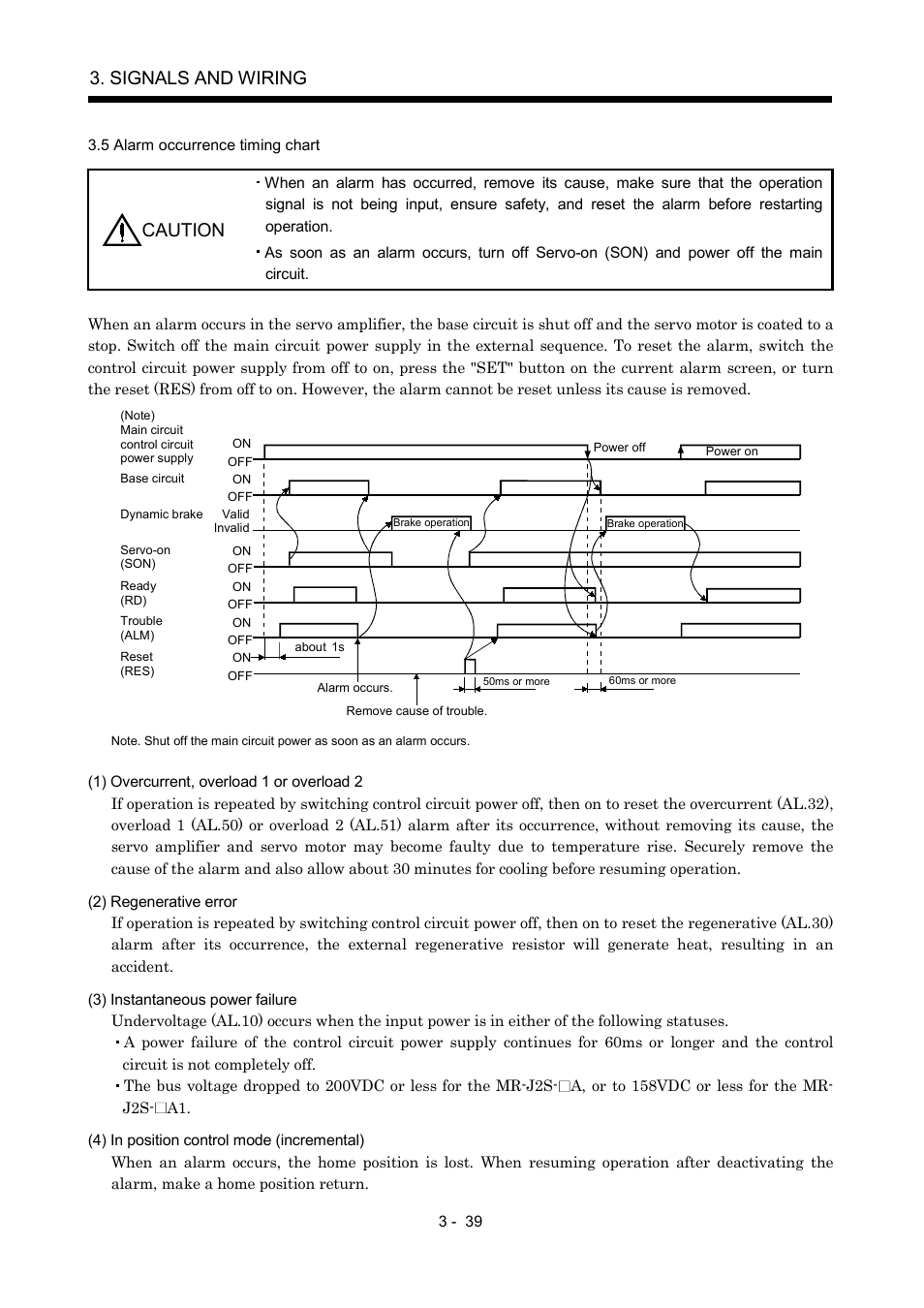 5 alarm occurrence timing chart, Signals and wiring, Caution | MITSUBISHI ELECTRIC MR-J2S- A User Manual | Page 86 / 402