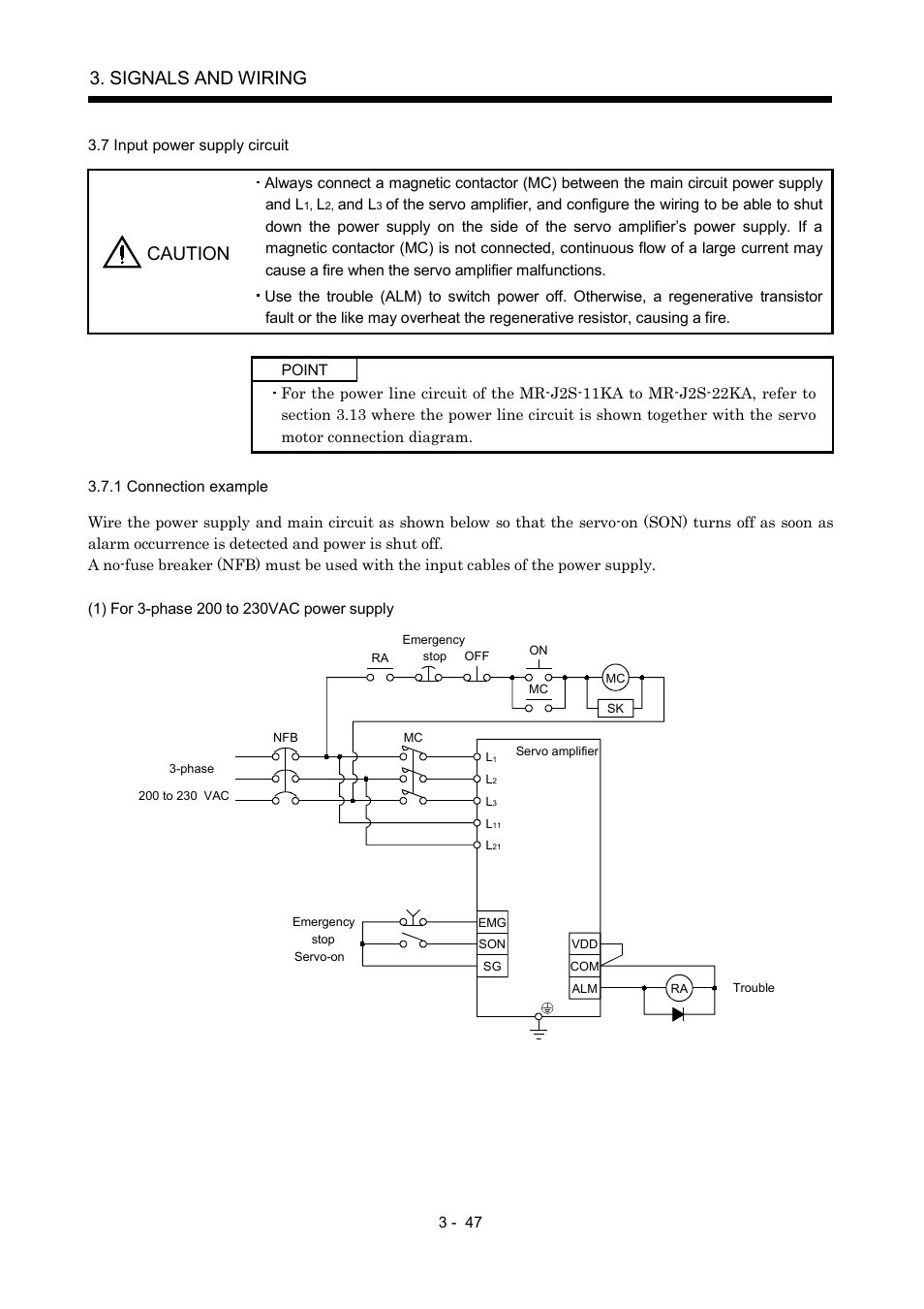 7 input power supply circuit, 1 connection example, Signals and wiring | Caution | MITSUBISHI ELECTRIC MR-J2S- A User Manual | Page 94 / 402