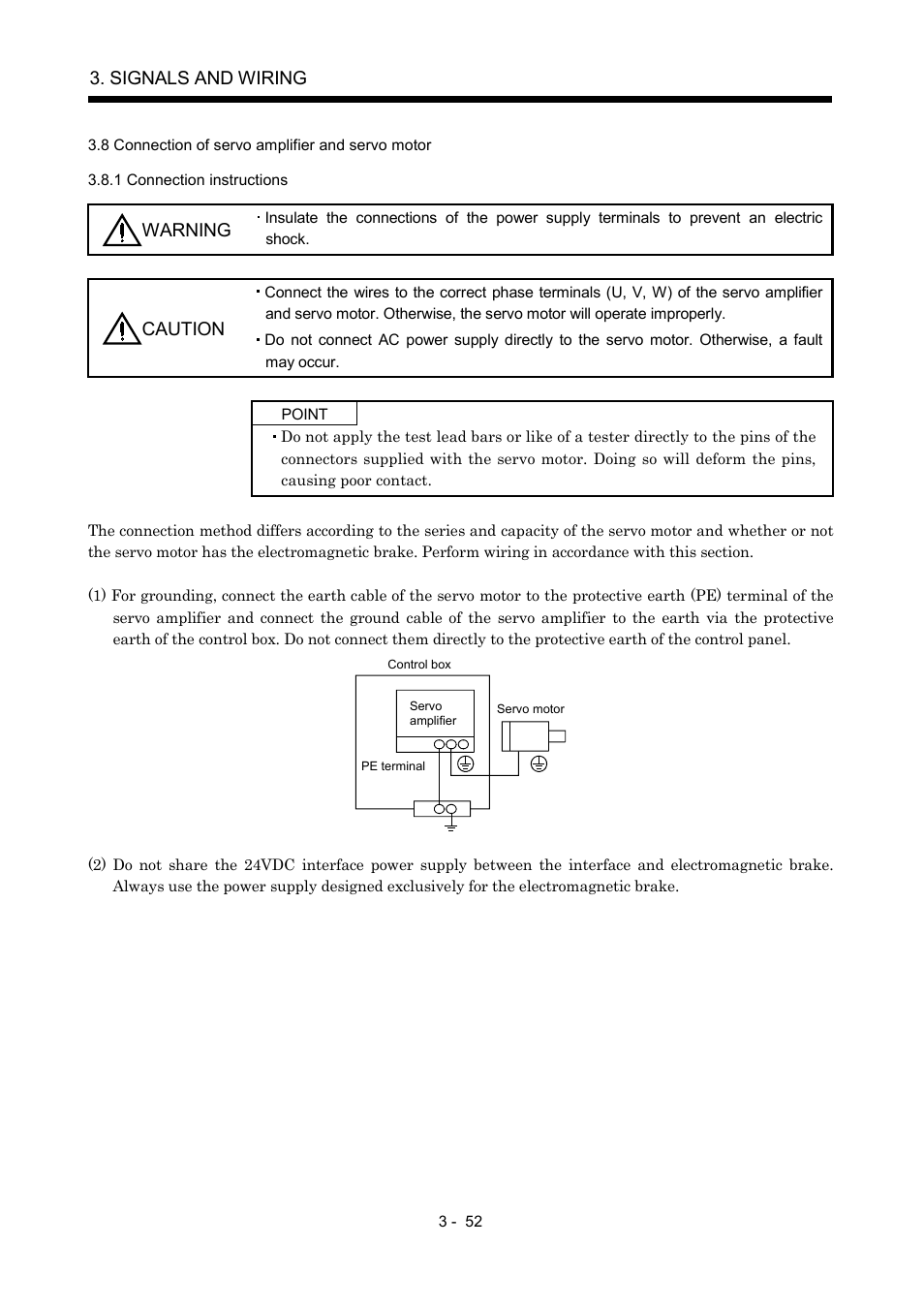 8 connection of servo amplifier and servo motor, 1 connection instructions, Signals and wiring | Warning, Caution | MITSUBISHI ELECTRIC MR-J2S- A User Manual | Page 99 / 402