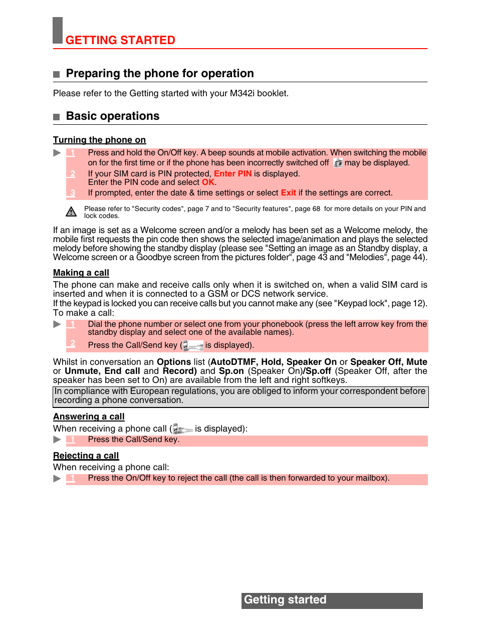 Getting started, Getting started preparing the phone for operation, Basic operations | MITSUBISHI ELECTRIC M342i User Manual | Page 11 / 80