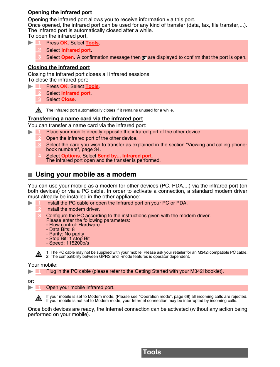 Tools, Using your mobile as a modem | MITSUBISHI ELECTRIC M342i User Manual | Page 19 / 80