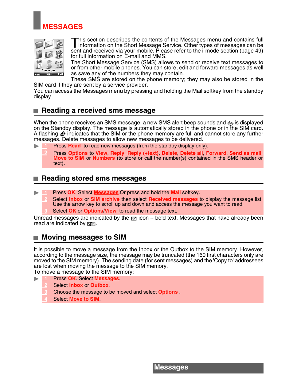 Messages messages, Reading a received sms message, Reading stored sms messages | Moving messages to sim | MITSUBISHI ELECTRIC M342i User Manual | Page 20 / 80