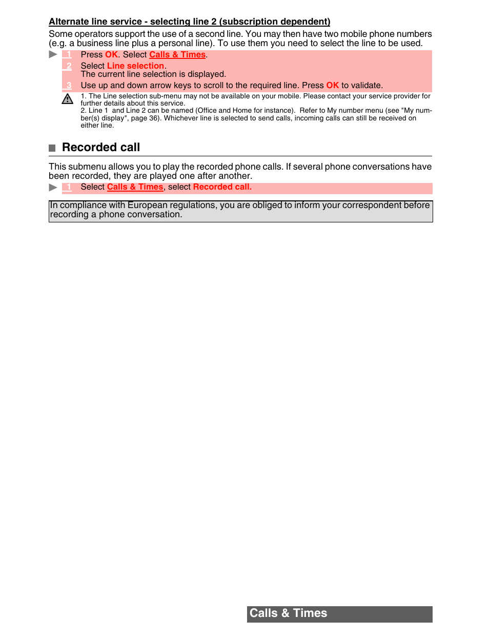 Calls & times, Recorded call | MITSUBISHI ELECTRIC M342i User Manual | Page 31 / 80