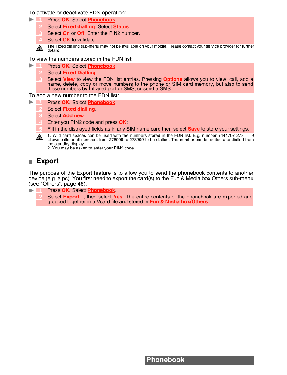 Phonebook, Export | MITSUBISHI ELECTRIC M342i User Manual | Page 37 / 80