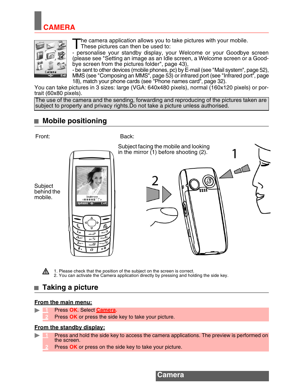 Camera camera, Mobile positioning taking a picture | MITSUBISHI ELECTRIC M342i User Manual | Page 38 / 80