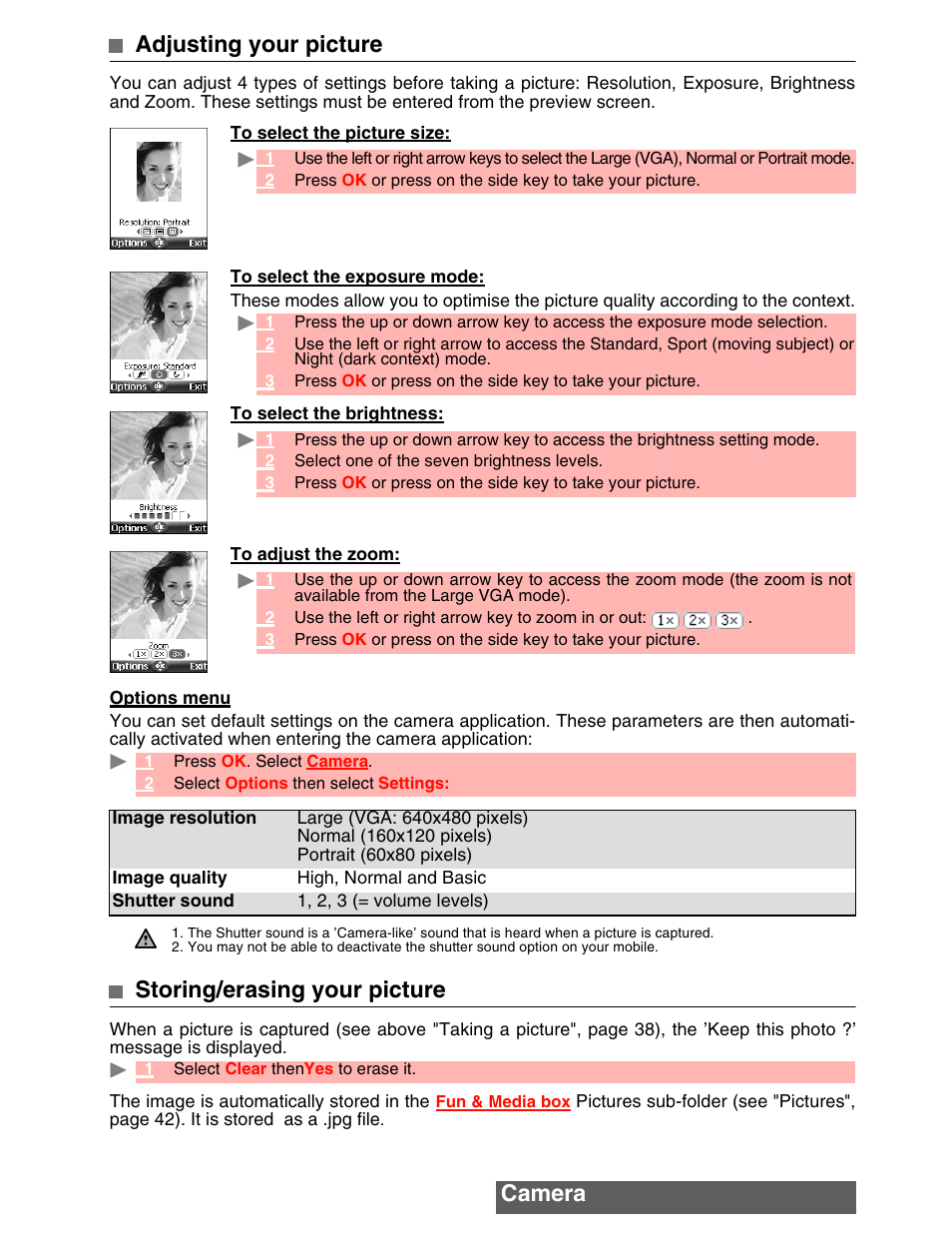 Camera adjusting your picture, Storing/erasing your picture | MITSUBISHI ELECTRIC M342i User Manual | Page 40 / 80