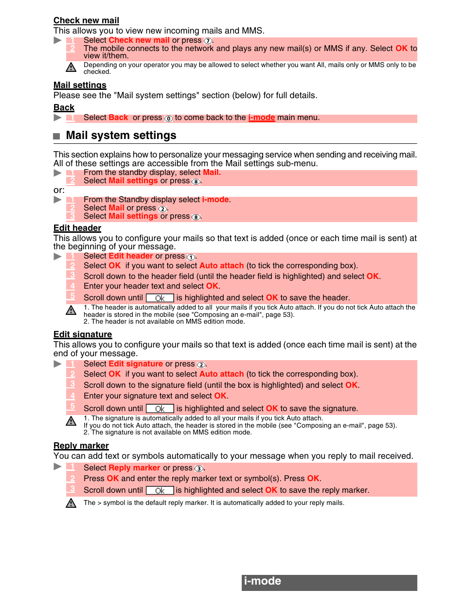 I-mode, Mail system settings | MITSUBISHI ELECTRIC M342i User Manual | Page 56 / 80