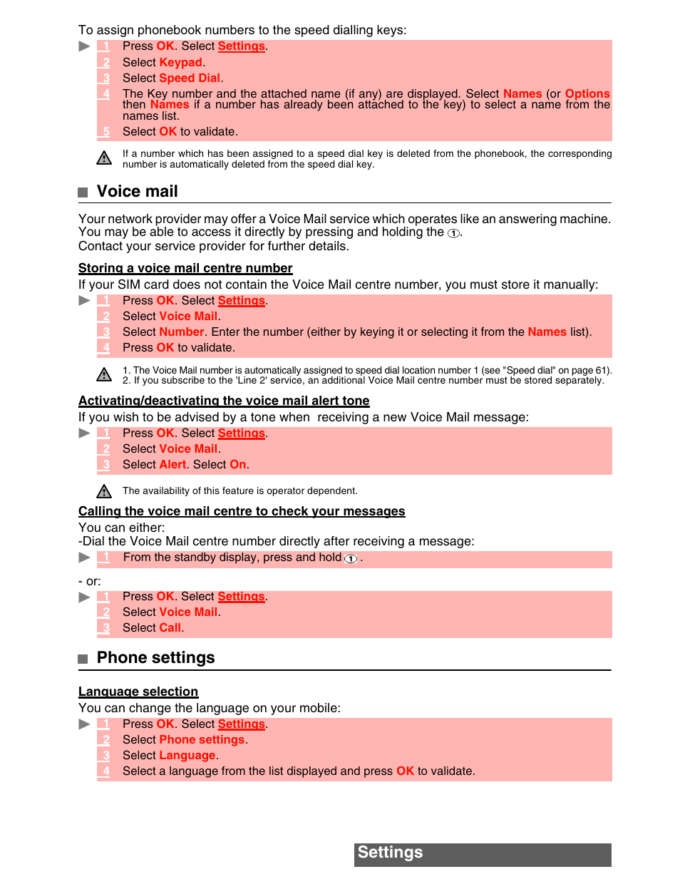 Settings, Voice mail, Phone settings | MITSUBISHI ELECTRIC M342i User Manual | Page 62 / 80
