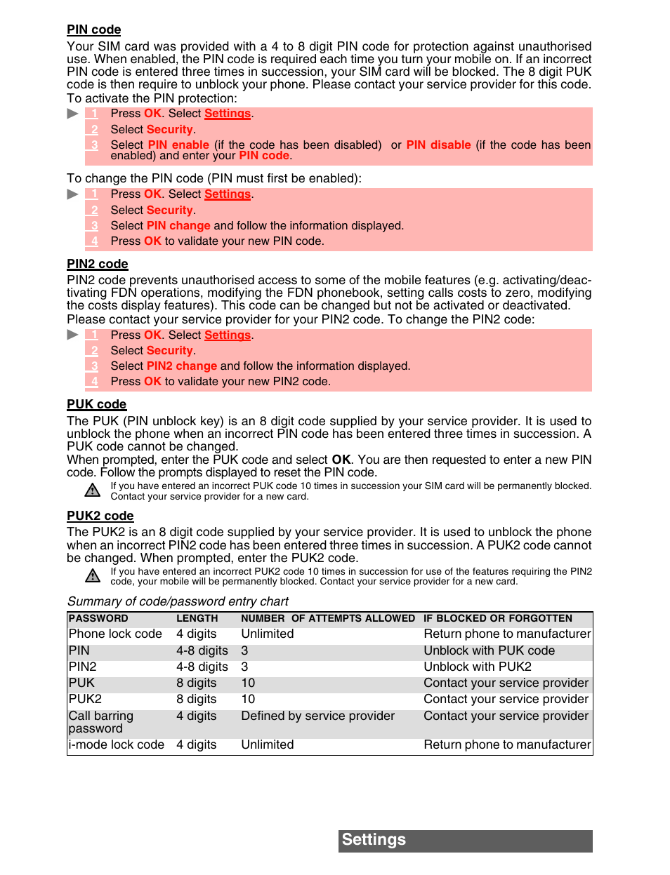 Settings | MITSUBISHI ELECTRIC M342i User Manual | Page 69 / 80