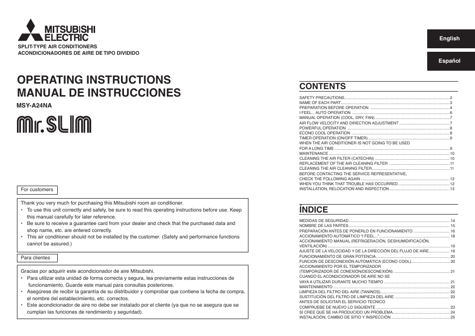 MITSUBISHI ELECTRIC Mr.Slim MSY-A24NA User Manual | 27 pages