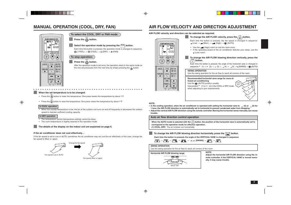 Manual operation (cool, dry, fan), Air flow velocity and direction adjustment | MITSUBISHI ELECTRIC Mr.Slim MSY-A24NA User Manual | Page 13 / 27