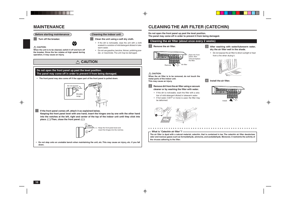 Cleaning the air filter (catechin), Maintenance, Caution | MITSUBISHI ELECTRIC Mr.Slim MSY-A24NA User Manual | Page 19 / 27